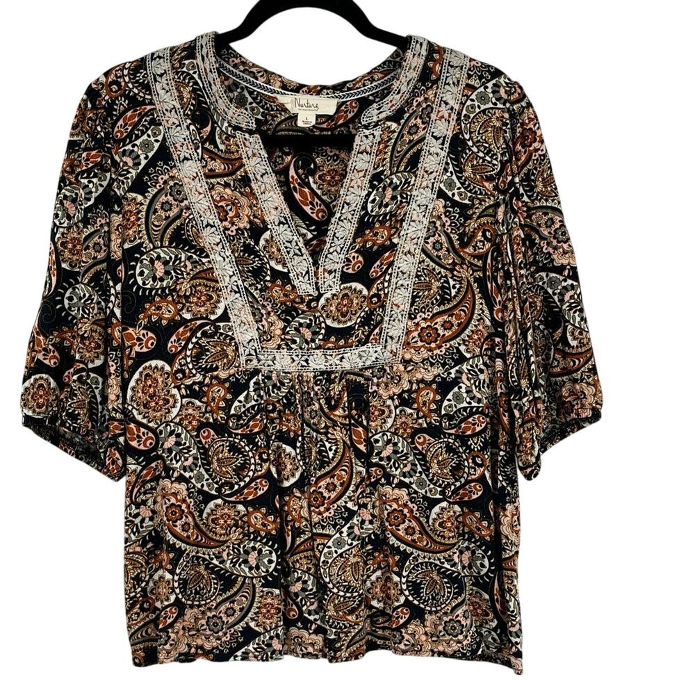 Nurture Babydoll Paisley Boho Blouse Embroidered Earth Tone Black Pink Women’s L - Picture 2 of 9